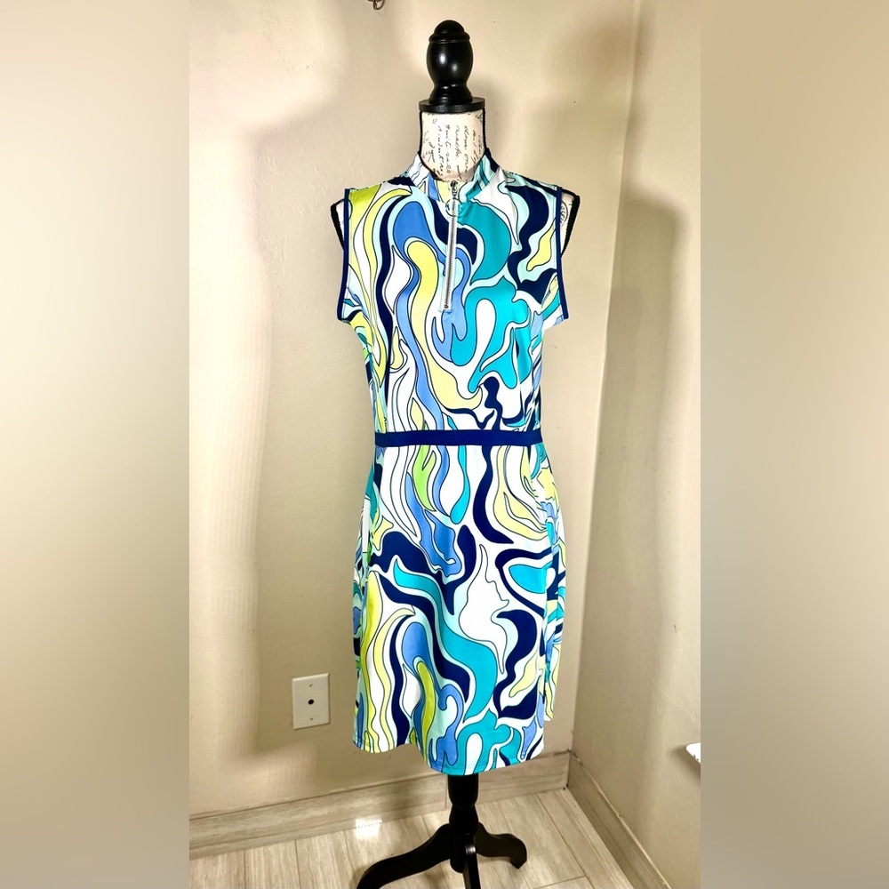 Sleeveless Midi Dress in Blue Multi Abstract Print